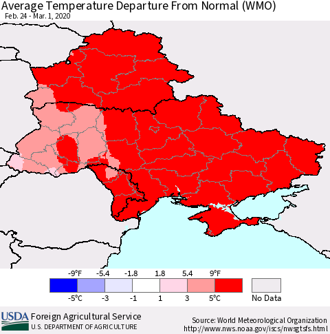 Ukraine, Moldova and Belarus Average Temperature Departure from Normal (WMO) Thematic Map For 2/24/2020 - 3/1/2020
