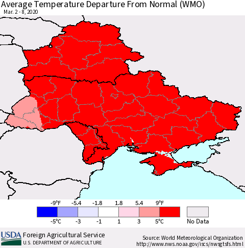 Ukraine, Moldova and Belarus Average Temperature Departure from Normal (WMO) Thematic Map For 3/2/2020 - 3/8/2020