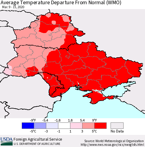 Ukraine, Moldova and Belarus Average Temperature Departure from Normal (WMO) Thematic Map For 3/9/2020 - 3/15/2020