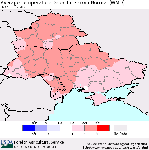 Ukraine, Moldova and Belarus Average Temperature Departure from Normal (WMO) Thematic Map For 3/16/2020 - 3/22/2020