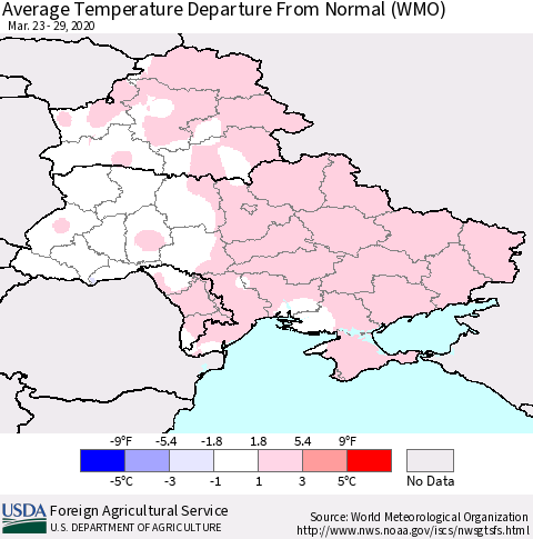 Ukraine, Moldova and Belarus Average Temperature Departure from Normal (WMO) Thematic Map For 3/23/2020 - 3/29/2020