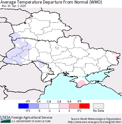 Ukraine, Moldova and Belarus Average Temperature Departure from Normal (WMO) Thematic Map For 3/30/2020 - 4/5/2020