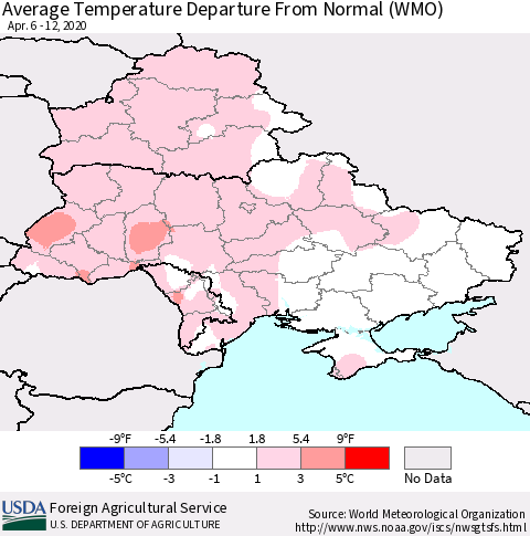 Ukraine, Moldova and Belarus Average Temperature Departure from Normal (WMO) Thematic Map For 4/6/2020 - 4/12/2020