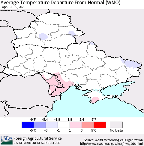 Ukraine, Moldova and Belarus Average Temperature Departure from Normal (WMO) Thematic Map For 4/13/2020 - 4/19/2020