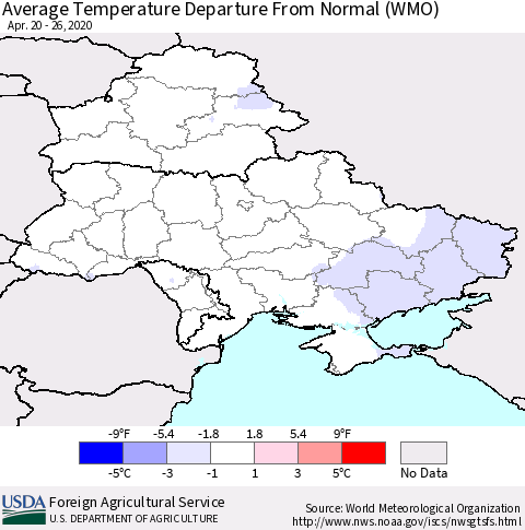 Ukraine, Moldova and Belarus Average Temperature Departure from Normal (WMO) Thematic Map For 4/20/2020 - 4/26/2020