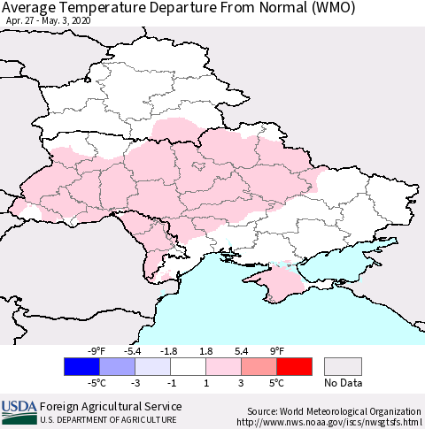 Ukraine, Moldova and Belarus Average Temperature Departure from Normal (WMO) Thematic Map For 4/27/2020 - 5/3/2020