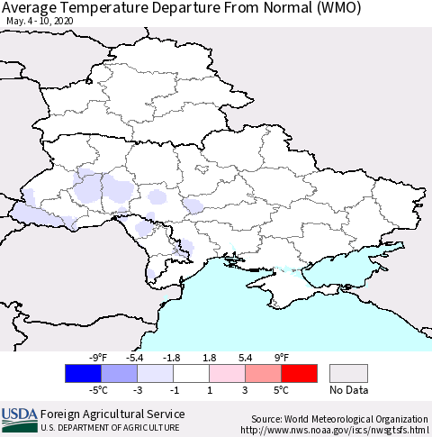 Ukraine, Moldova and Belarus Average Temperature Departure from Normal (WMO) Thematic Map For 5/4/2020 - 5/10/2020