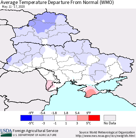 Ukraine, Moldova and Belarus Average Temperature Departure from Normal (WMO) Thematic Map For 5/11/2020 - 5/17/2020