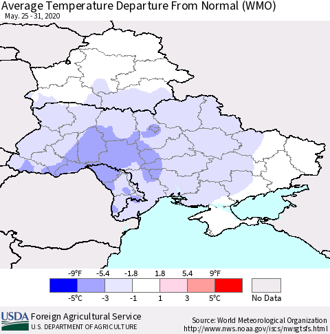 Ukraine, Moldova and Belarus Average Temperature Departure from Normal (WMO) Thematic Map For 5/25/2020 - 5/31/2020