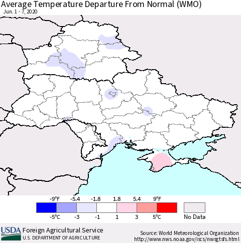 Ukraine, Moldova and Belarus Average Temperature Departure From Normal (WMO) Thematic Map For 6/1/2020 - 6/7/2020