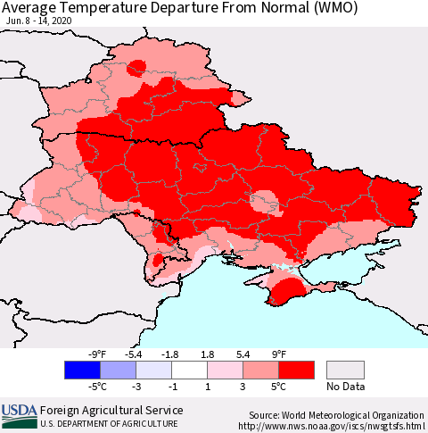 Ukraine, Moldova and Belarus Average Temperature Departure from Normal (WMO) Thematic Map For 6/8/2020 - 6/14/2020