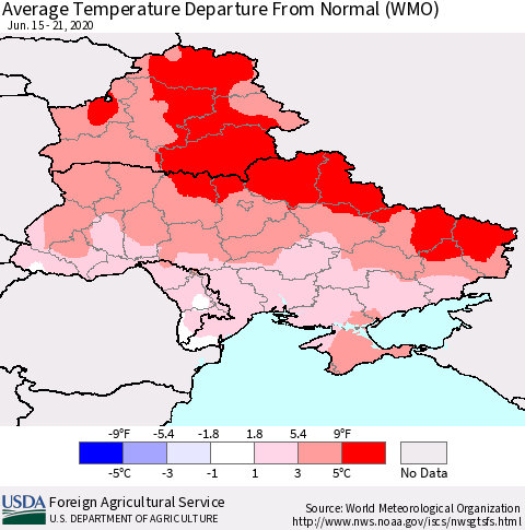 Ukraine, Moldova and Belarus Average Temperature Departure from Normal (WMO) Thematic Map For 6/15/2020 - 6/21/2020