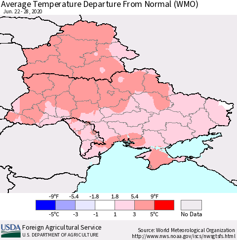 Ukraine, Moldova and Belarus Average Temperature Departure from Normal (WMO) Thematic Map For 6/22/2020 - 6/28/2020