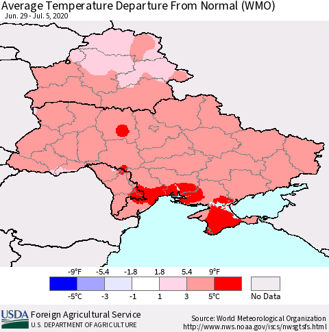 Ukraine, Moldova and Belarus Average Temperature Departure from Normal (WMO) Thematic Map For 6/29/2020 - 7/5/2020