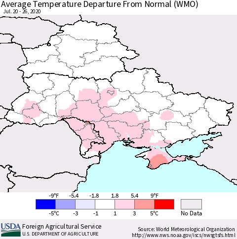 Ukraine, Moldova and Belarus Average Temperature Departure from Normal (WMO) Thematic Map For 7/20/2020 - 7/26/2020