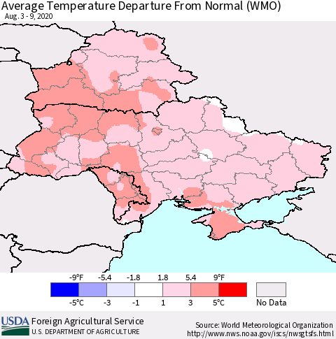Ukraine, Moldova and Belarus Average Temperature Departure From Normal (WMO) Thematic Map For 8/3/2020 - 8/9/2020
