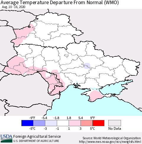 Ukraine, Moldova and Belarus Average Temperature Departure from Normal (WMO) Thematic Map For 8/10/2020 - 8/16/2020