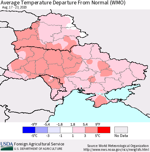 Ukraine, Moldova and Belarus Average Temperature Departure from Normal (WMO) Thematic Map For 8/17/2020 - 8/23/2020