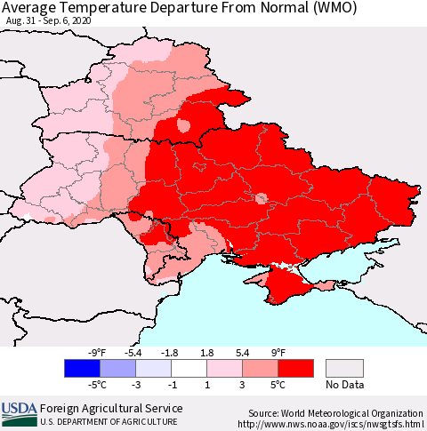 Ukraine, Moldova and Belarus Average Temperature Departure from Normal (WMO) Thematic Map For 8/31/2020 - 9/6/2020