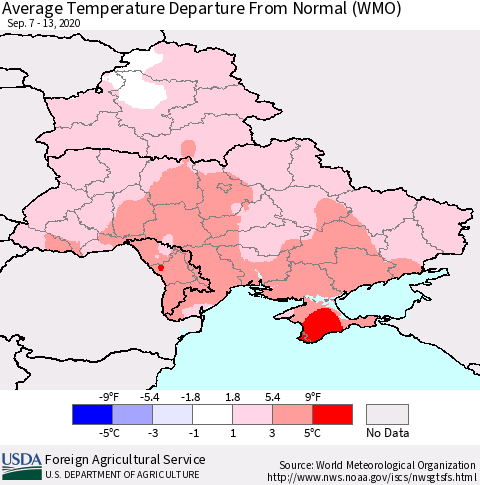 Ukraine, Moldova and Belarus Average Temperature Departure from Normal (WMO) Thematic Map For 9/7/2020 - 9/13/2020