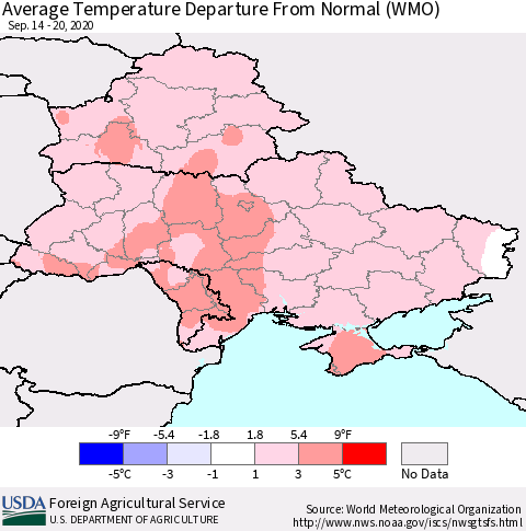 Ukraine, Moldova and Belarus Average Temperature Departure from Normal (WMO) Thematic Map For 9/14/2020 - 9/20/2020