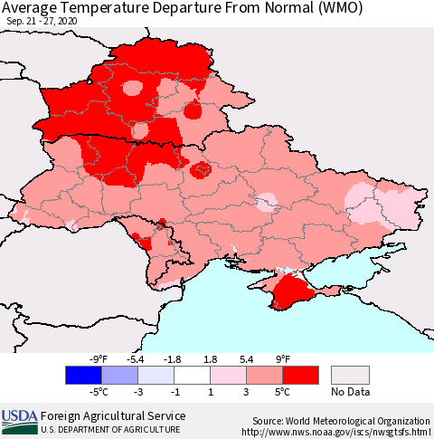 Ukraine, Moldova and Belarus Average Temperature Departure from Normal (WMO) Thematic Map For 9/21/2020 - 9/27/2020