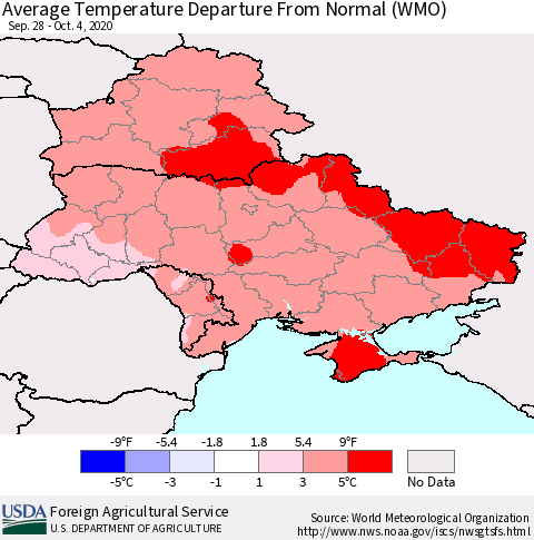 Ukraine, Moldova and Belarus Average Temperature Departure from Normal (WMO) Thematic Map For 9/28/2020 - 10/4/2020