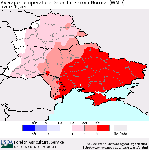 Ukraine, Moldova and Belarus Average Temperature Departure From Normal (WMO) Thematic Map For 10/12/2020 - 10/18/2020