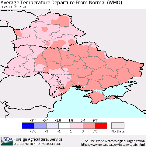Ukraine, Moldova and Belarus Average Temperature Departure From Normal (WMO) Thematic Map For 10/19/2020 - 10/25/2020