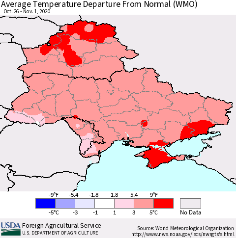 Ukraine, Moldova and Belarus Average Temperature Departure From Normal (WMO) Thematic Map For 10/26/2020 - 11/1/2020