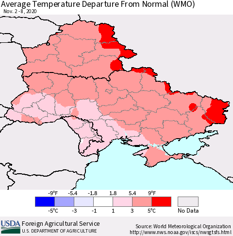Ukraine, Moldova and Belarus Average Temperature Departure from Normal (WMO) Thematic Map For 11/2/2020 - 11/8/2020