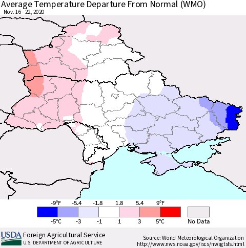 Ukraine, Moldova and Belarus Average Temperature Departure from Normal (WMO) Thematic Map For 11/16/2020 - 11/22/2020