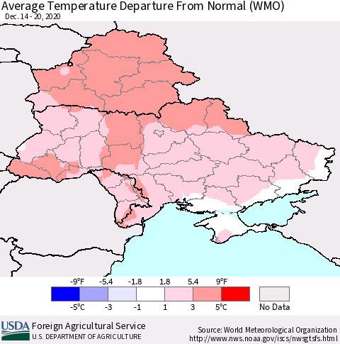 Ukraine, Moldova and Belarus Average Temperature Departure from Normal (WMO) Thematic Map For 12/14/2020 - 12/20/2020