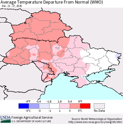 Ukraine, Moldova and Belarus Average Temperature Departure from Normal (WMO) Thematic Map For 12/21/2020 - 12/27/2020