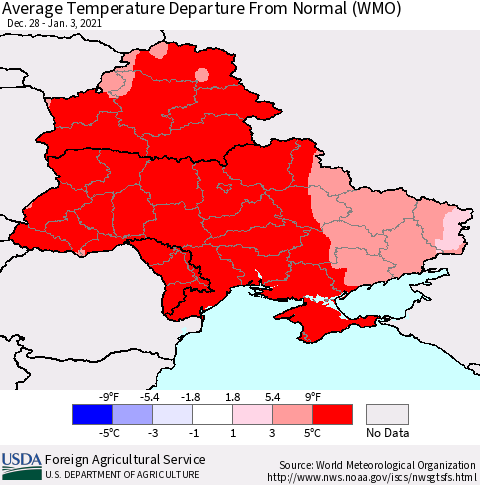 Ukraine, Moldova and Belarus Average Temperature Departure from Normal (WMO) Thematic Map For 12/28/2020 - 1/3/2021