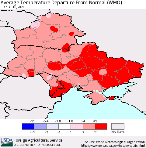 Ukraine, Moldova and Belarus Average Temperature Departure from Normal (WMO) Thematic Map For 1/4/2021 - 1/10/2021