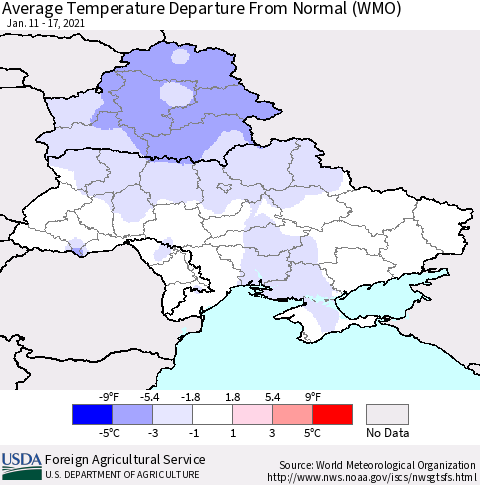 Ukraine, Moldova and Belarus Average Temperature Departure from Normal (WMO) Thematic Map For 1/11/2021 - 1/17/2021