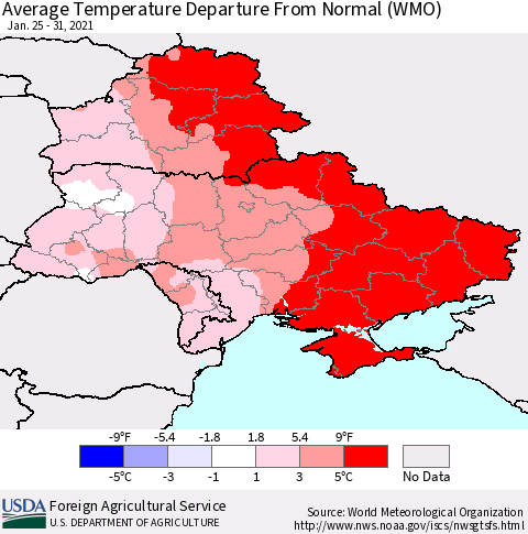 Ukraine, Moldova and Belarus Average Temperature Departure from Normal (WMO) Thematic Map For 1/25/2021 - 1/31/2021