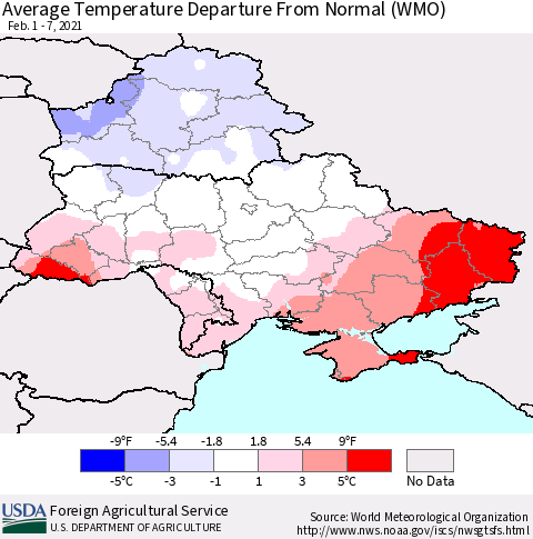Ukraine, Moldova and Belarus Average Temperature Departure from Normal (WMO) Thematic Map For 2/1/2021 - 2/7/2021