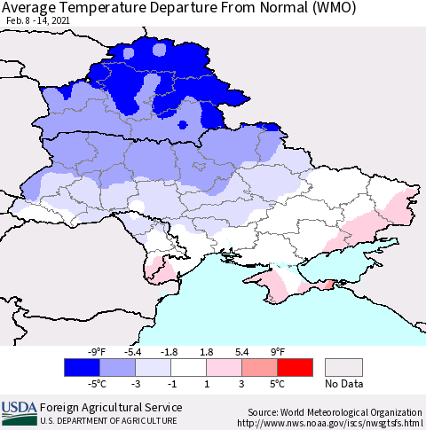 Ukraine, Moldova and Belarus Average Temperature Departure from Normal (WMO) Thematic Map For 2/8/2021 - 2/14/2021