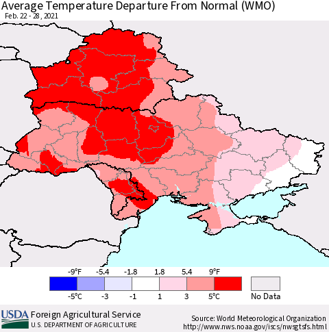 Ukraine, Moldova and Belarus Average Temperature Departure from Normal (WMO) Thematic Map For 2/22/2021 - 2/28/2021