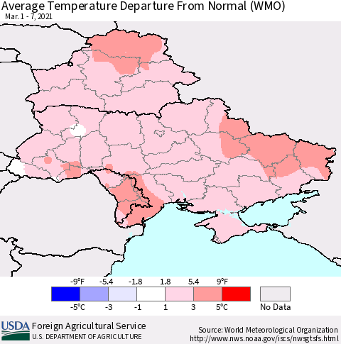 Ukraine, Moldova and Belarus Average Temperature Departure from Normal (WMO) Thematic Map For 3/1/2021 - 3/7/2021