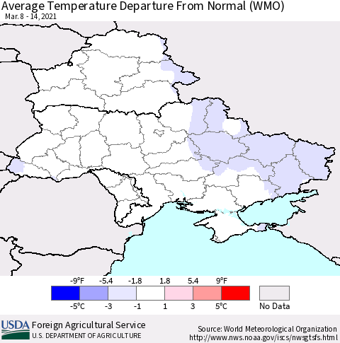 Ukraine, Moldova and Belarus Average Temperature Departure from Normal (WMO) Thematic Map For 3/8/2021 - 3/14/2021