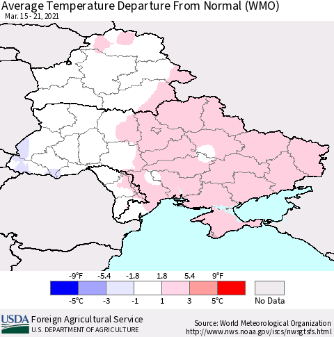 Ukraine, Moldova and Belarus Average Temperature Departure from Normal (WMO) Thematic Map For 3/15/2021 - 3/21/2021