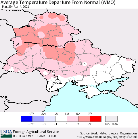 Ukraine, Moldova and Belarus Average Temperature Departure from Normal (WMO) Thematic Map For 3/29/2021 - 4/4/2021