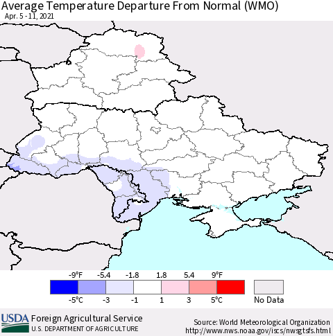 Ukraine, Moldova and Belarus Average Temperature Departure from Normal (WMO) Thematic Map For 4/5/2021 - 4/11/2021