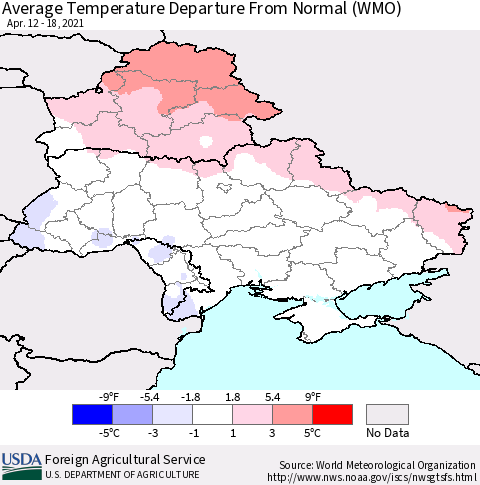 Ukraine, Moldova and Belarus Average Temperature Departure from Normal (WMO) Thematic Map For 4/12/2021 - 4/18/2021
