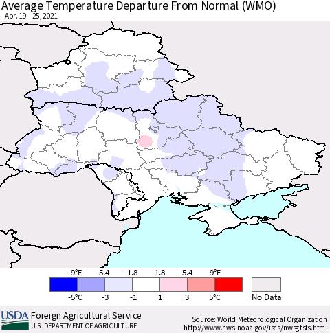 Ukraine, Moldova and Belarus Average Temperature Departure from Normal (WMO) Thematic Map For 4/19/2021 - 4/25/2021