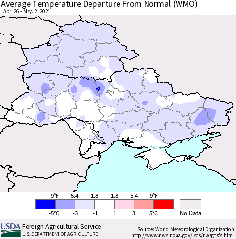 Ukraine, Moldova and Belarus Average Temperature Departure from Normal (WMO) Thematic Map For 4/26/2021 - 5/2/2021