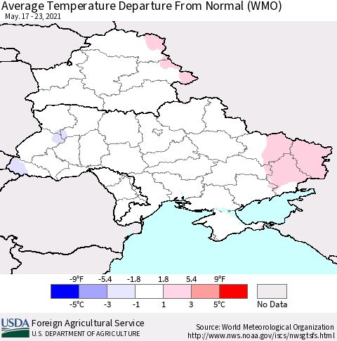 Ukraine, Moldova and Belarus Average Temperature Departure from Normal (WMO) Thematic Map For 5/17/2021 - 5/23/2021